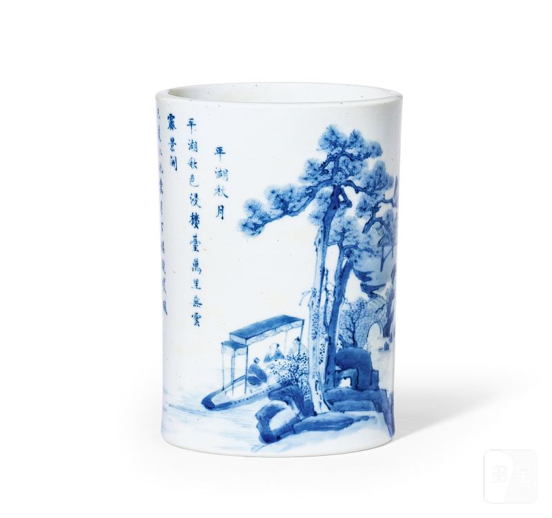 清康熙 青花平湖秋月诗文笔筒 - 图1